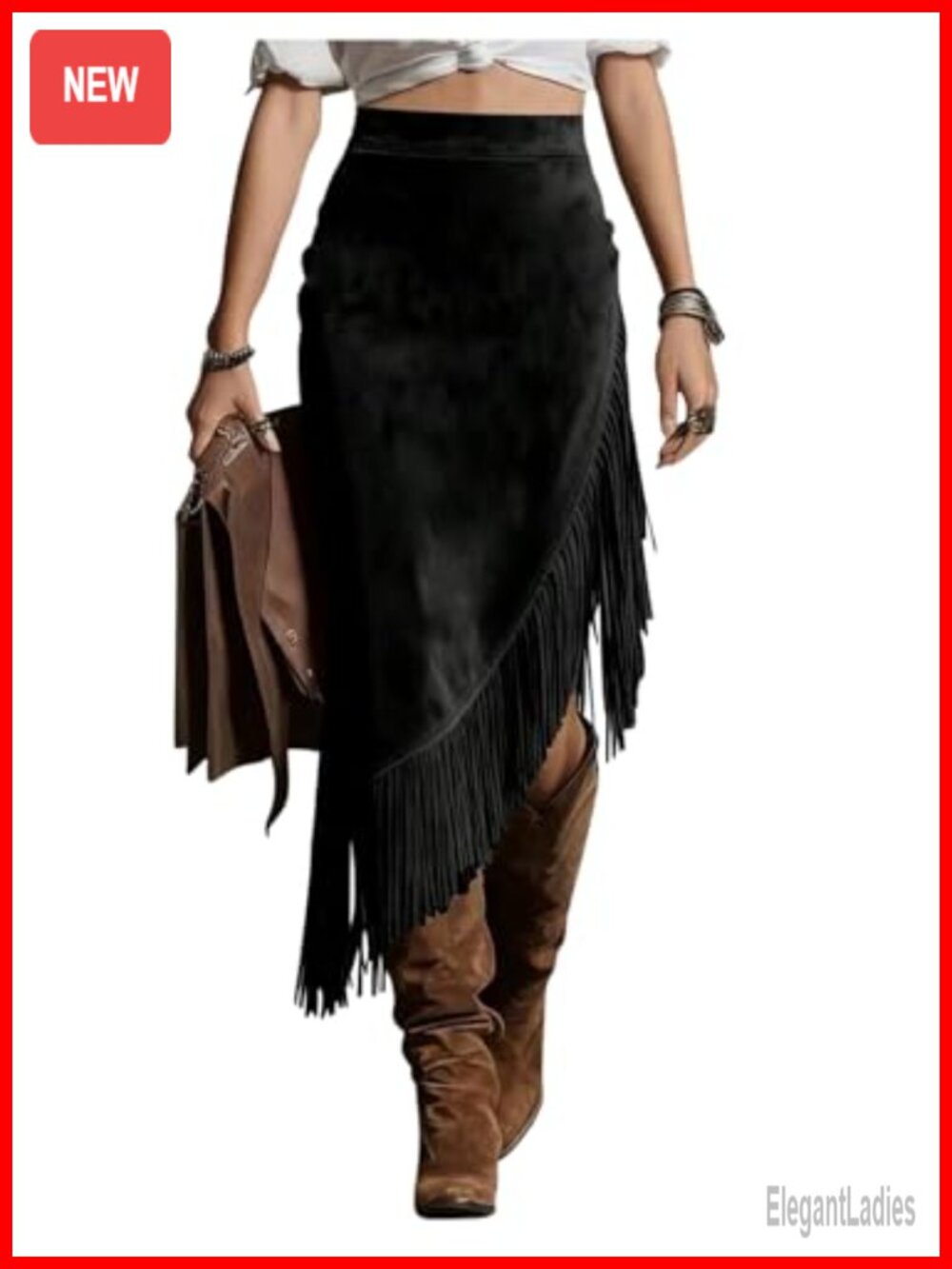 Faux Suede Fringe Asymmetrical Western Midi Concert Skirt